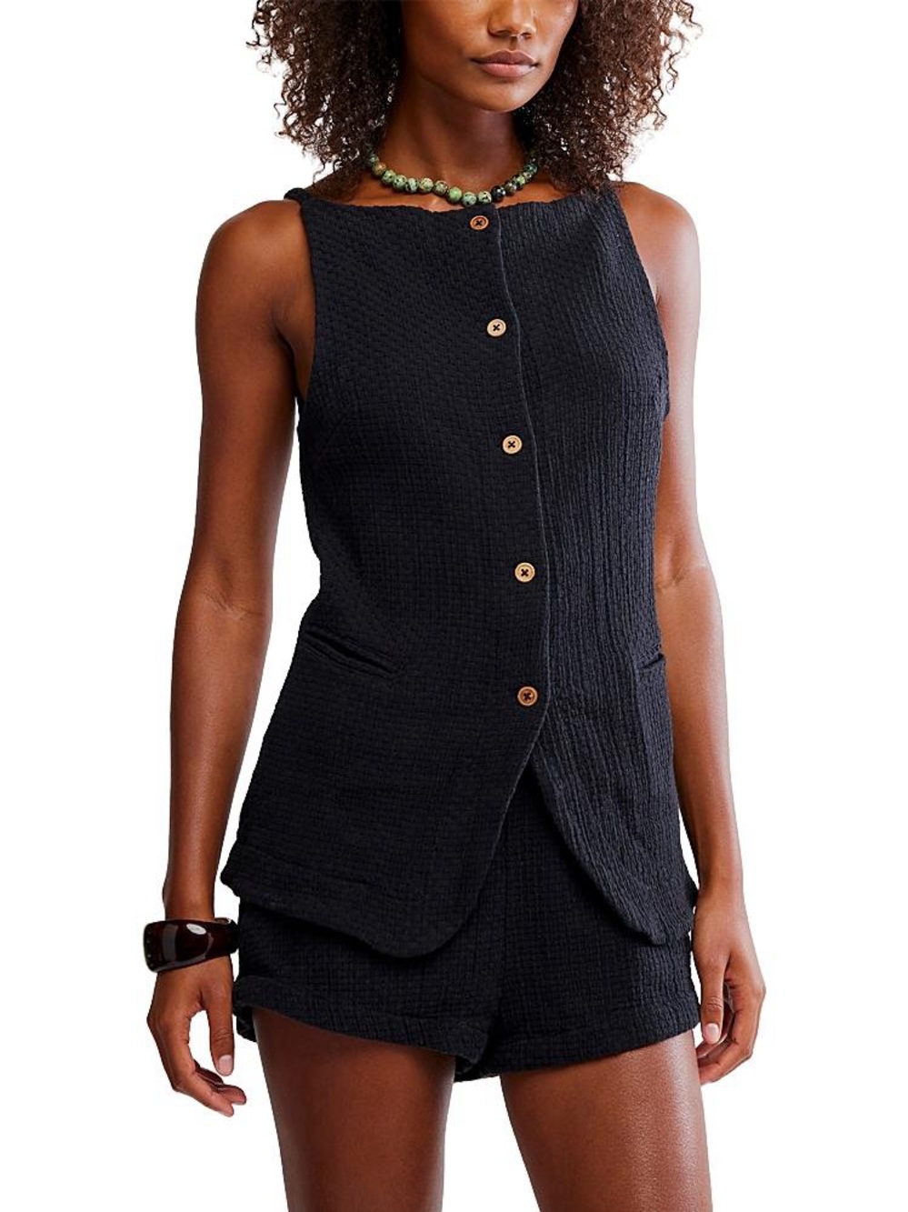 Free People Free-est Coastal Classy Textured Button Down Sleeveless Top NEW
